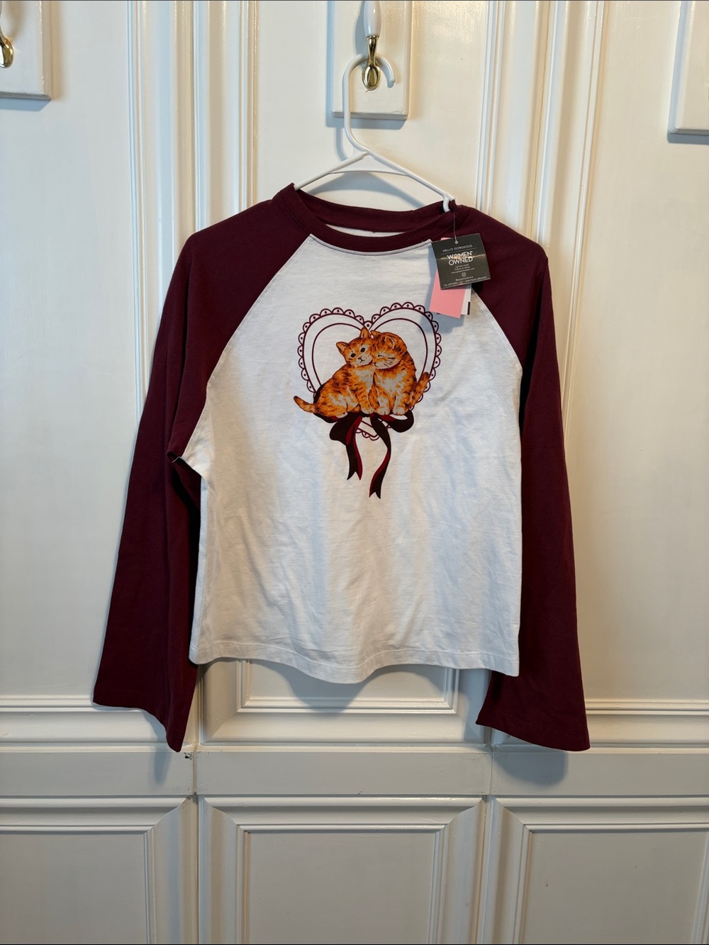 Grayson Threads Burgundy & White Raglan Top with Cat Heart Graphic